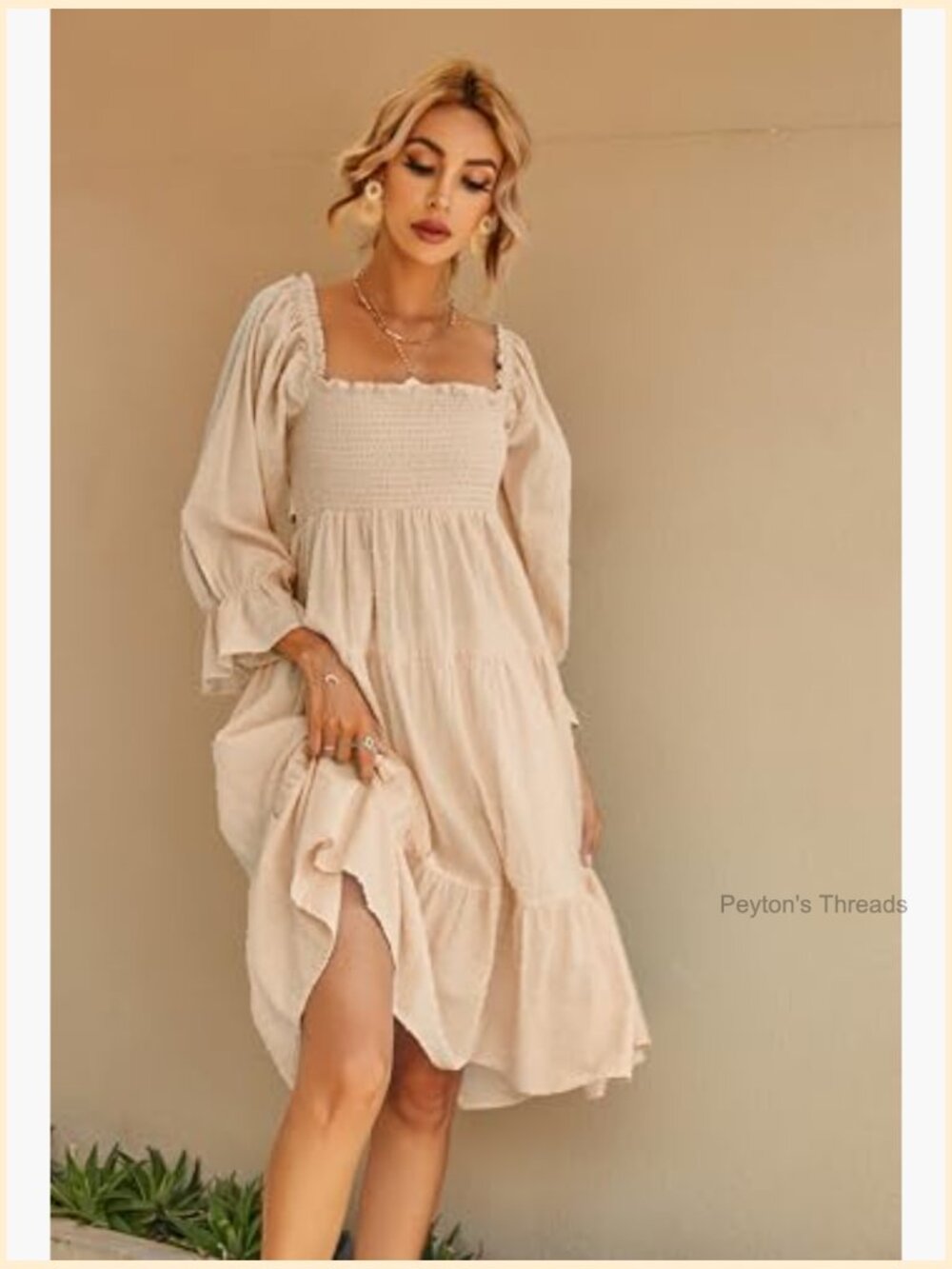 Women's Cotton Puff Sleeve Off-Shoulder Bow Midi Dress - Picture 4 of 7